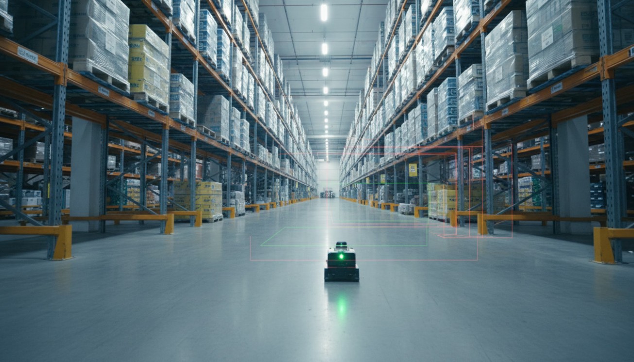 Two mobile robots inside red confidence zones showing why one site-wide localization limit is unsuitable